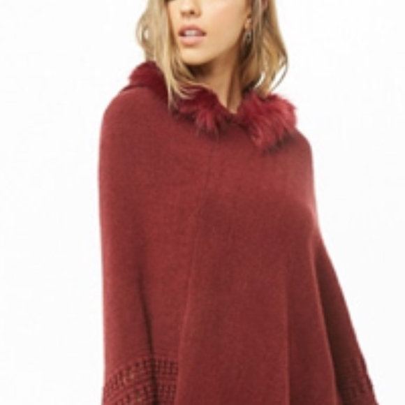 Hooded Faux Fur-Trim Poncho - Picture 4 of 5